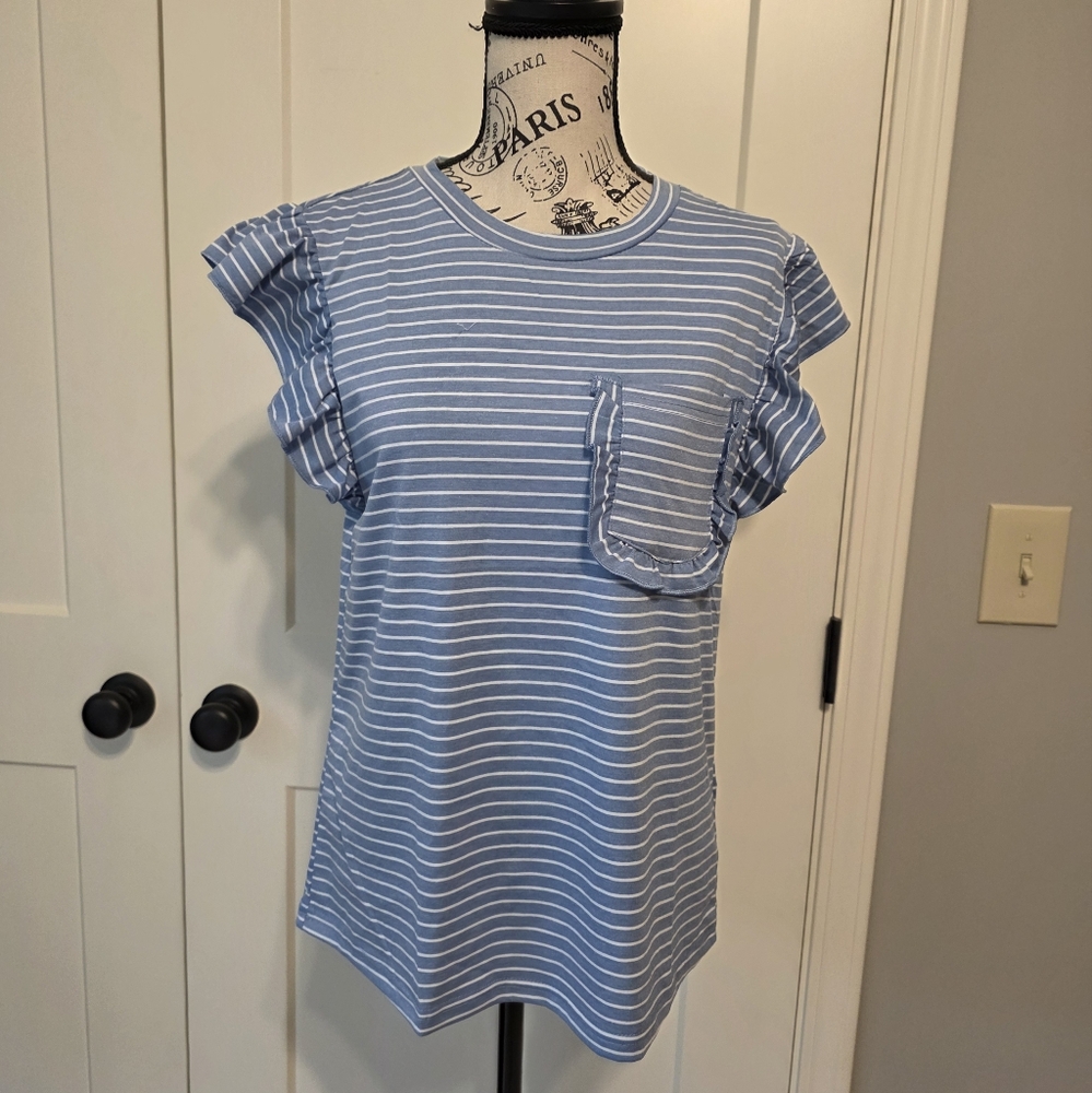 Patriotic Blue Striped Ruffle Sleeve Top-NWT